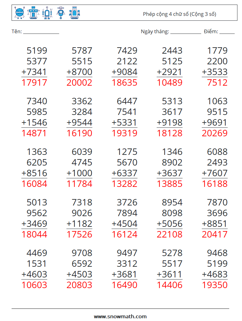 (25) Phép cộng 4 chữ số (Cộng 3 số) Bảng tính toán học 18 Câu hỏi, câu trả lời