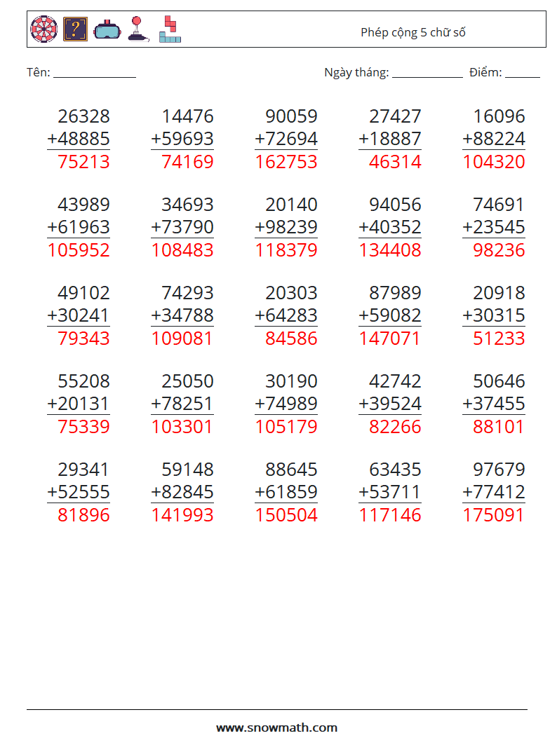 (25) Phép cộng 5 chữ số Bảng tính toán học 17 Câu hỏi, câu trả lời
