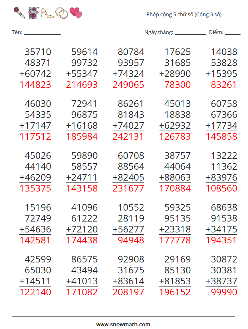(25) Phép cộng 5 chữ số (Cộng 3 số) Bảng tính toán học 10 Câu hỏi, câu trả lời