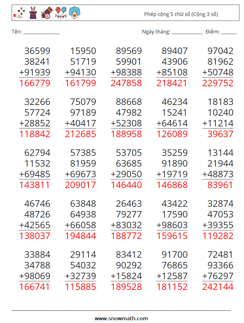 (25) Phép cộng 5 chữ số (Cộng 3 số) Bảng tính toán học 16 Câu hỏi, câu trả lời
