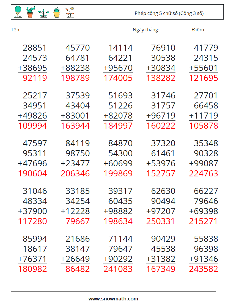 (25) Phép cộng 5 chữ số (Cộng 3 số) Bảng tính toán học 17 Câu hỏi, câu trả lời