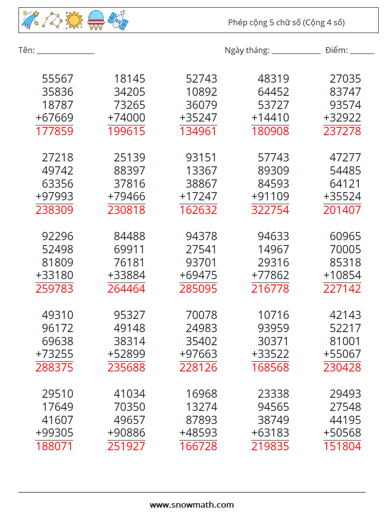 (25) Phép cộng 5 chữ số (Cộng 4 số) Bảng tính toán học 12 Câu hỏi, câu trả lời