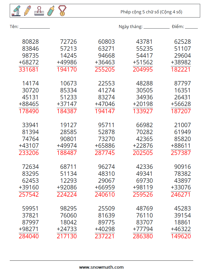 (25) Phép cộng 5 chữ số (Cộng 4 số) Bảng tính toán học 15 Câu hỏi, câu trả lời