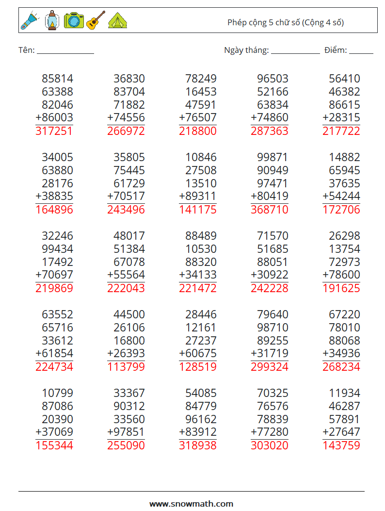 (25) Phép cộng 5 chữ số (Cộng 4 số) Bảng tính toán học 18 Câu hỏi, câu trả lời