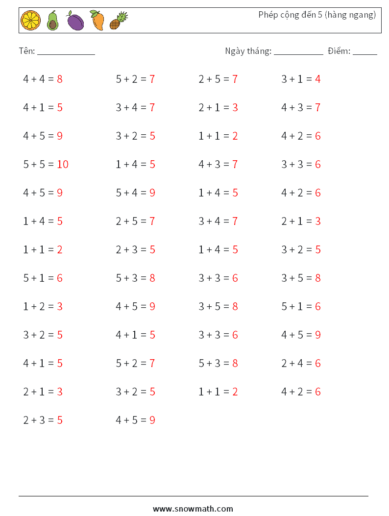 (50) Phép cộng đến 5 (hàng ngang) Bảng tính toán học 1 Câu hỏi, câu trả lời