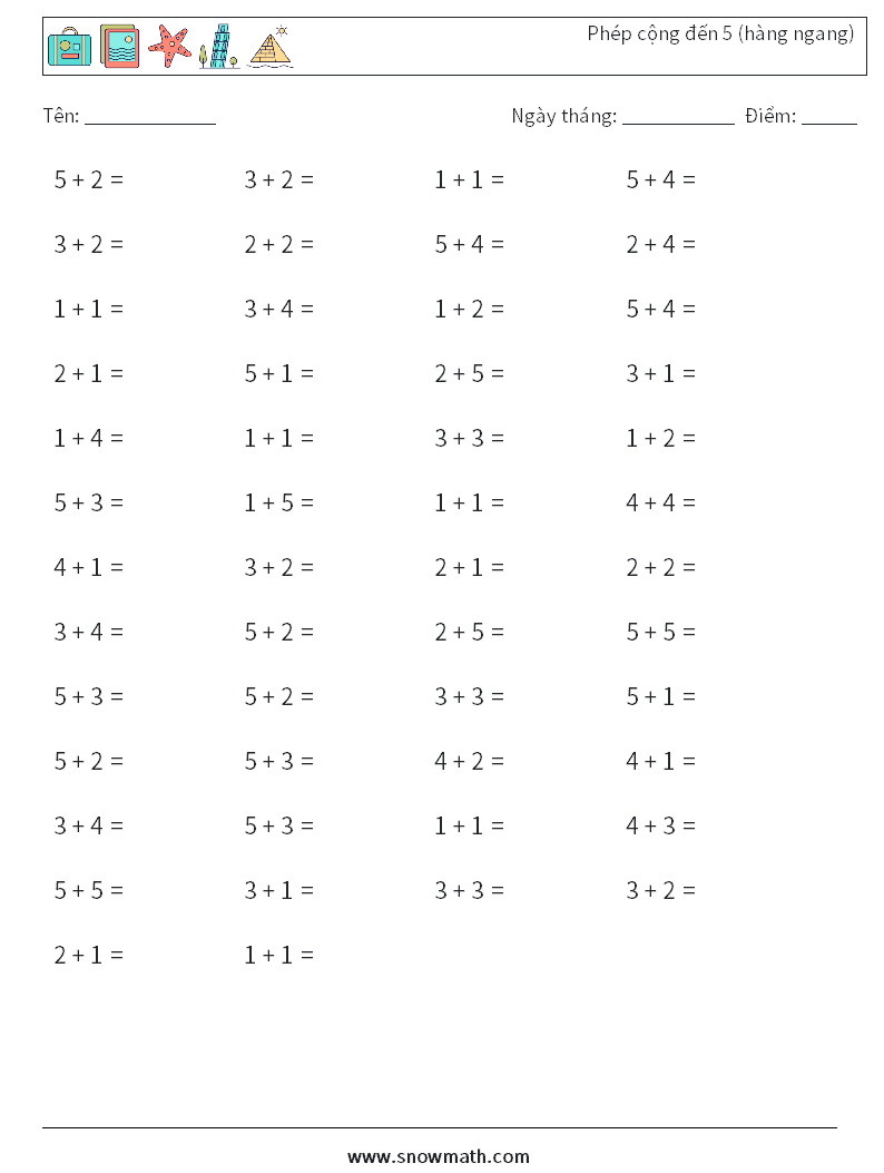 (50) Phép cộng đến 5 (hàng ngang) Bảng tính toán học 2