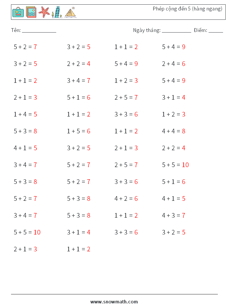 (50) Phép cộng đến 5 (hàng ngang) Bảng tính toán học 2 Câu hỏi, câu trả lời