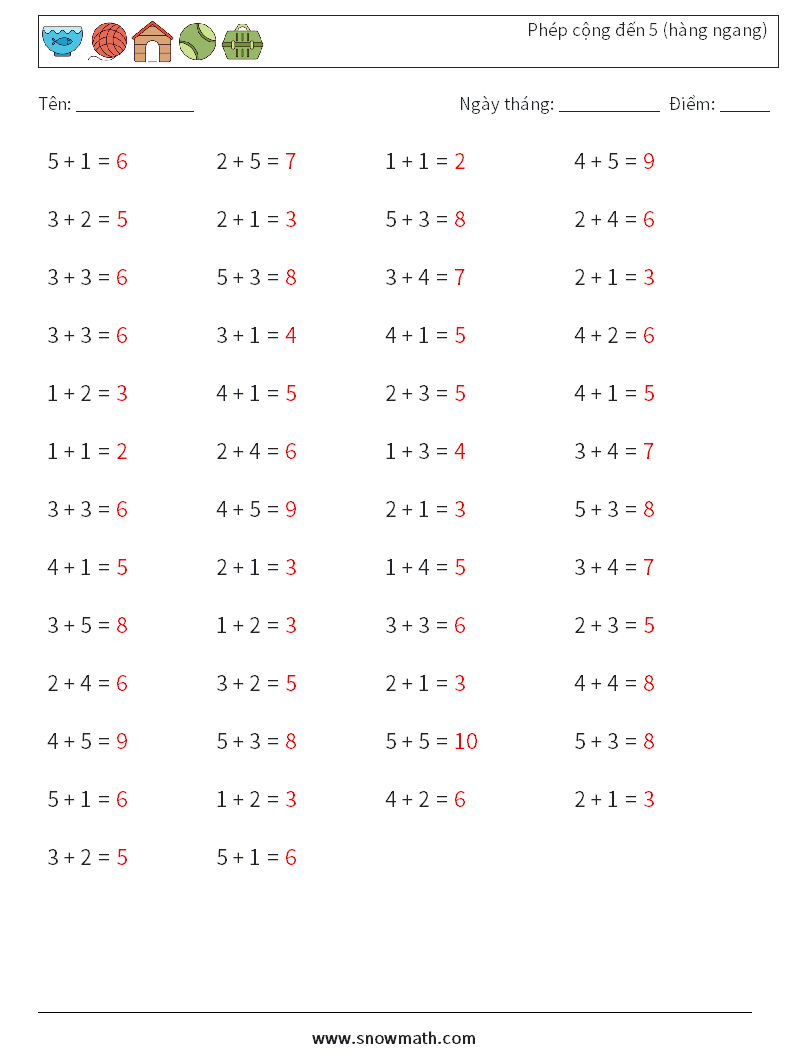 (50) Phép cộng đến 5 (hàng ngang) Bảng tính toán học 3 Câu hỏi, câu trả lời