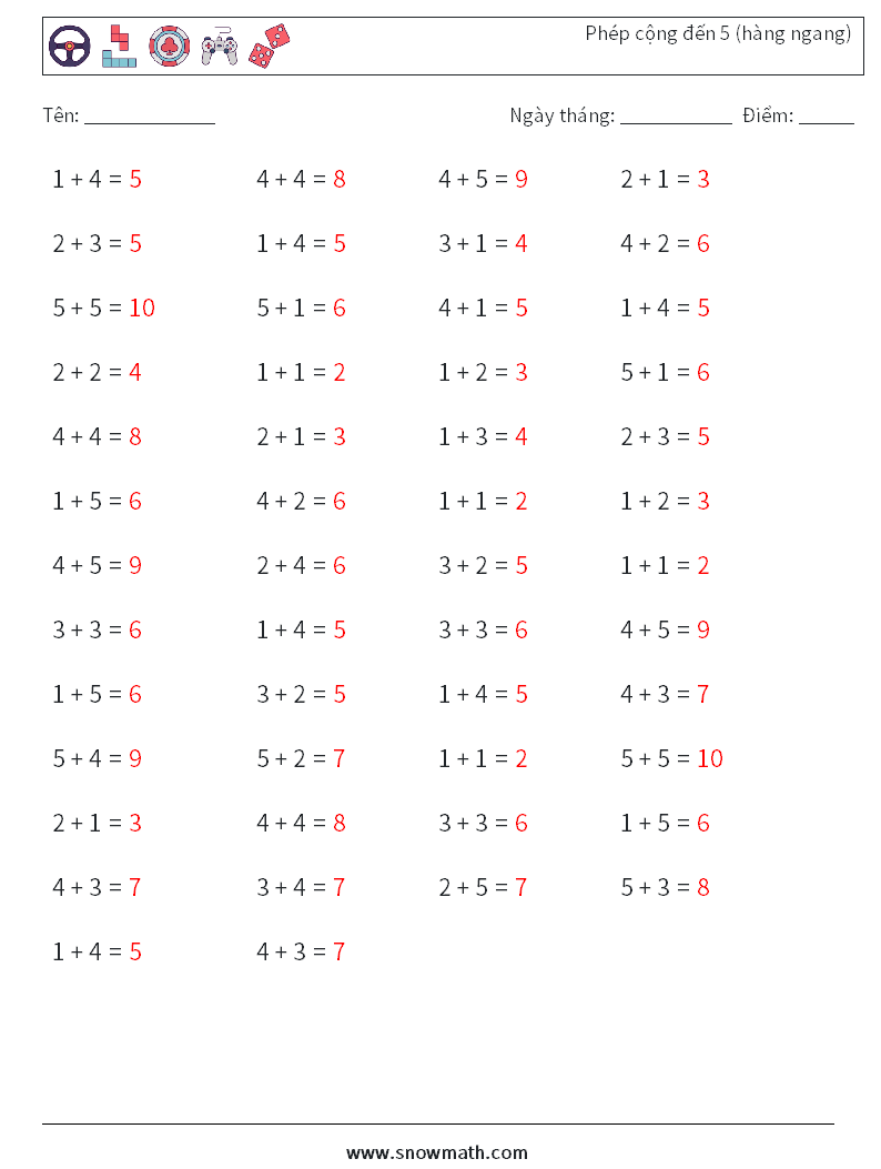 (50) Phép cộng đến 5 (hàng ngang) Bảng tính toán học 5 Câu hỏi, câu trả lời