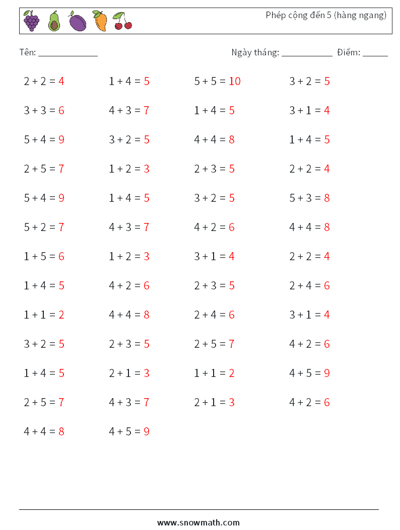 (50) Phép cộng đến 5 (hàng ngang) Bảng tính toán học 6 Câu hỏi, câu trả lời