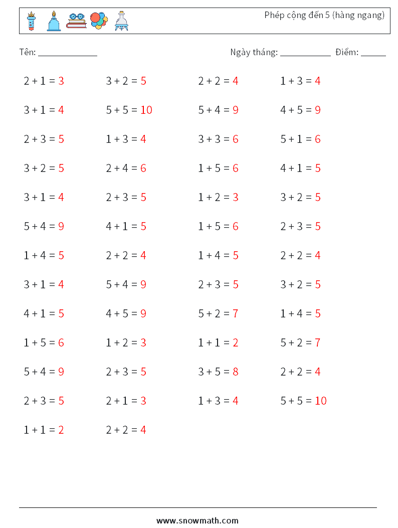 (50) Phép cộng đến 5 (hàng ngang) Bảng tính toán học 7 Câu hỏi, câu trả lời
