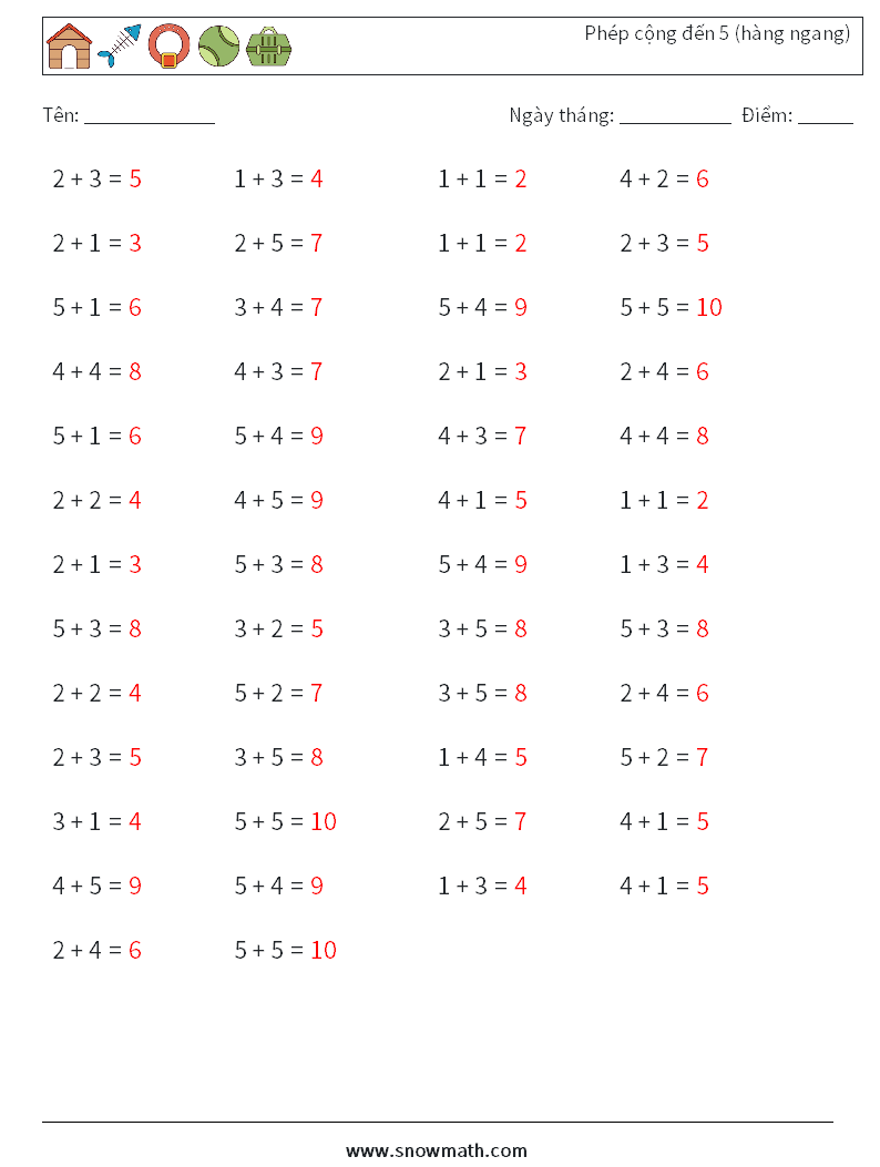 (50) Phép cộng đến 5 (hàng ngang) Bảng tính toán học 8 Câu hỏi, câu trả lời
