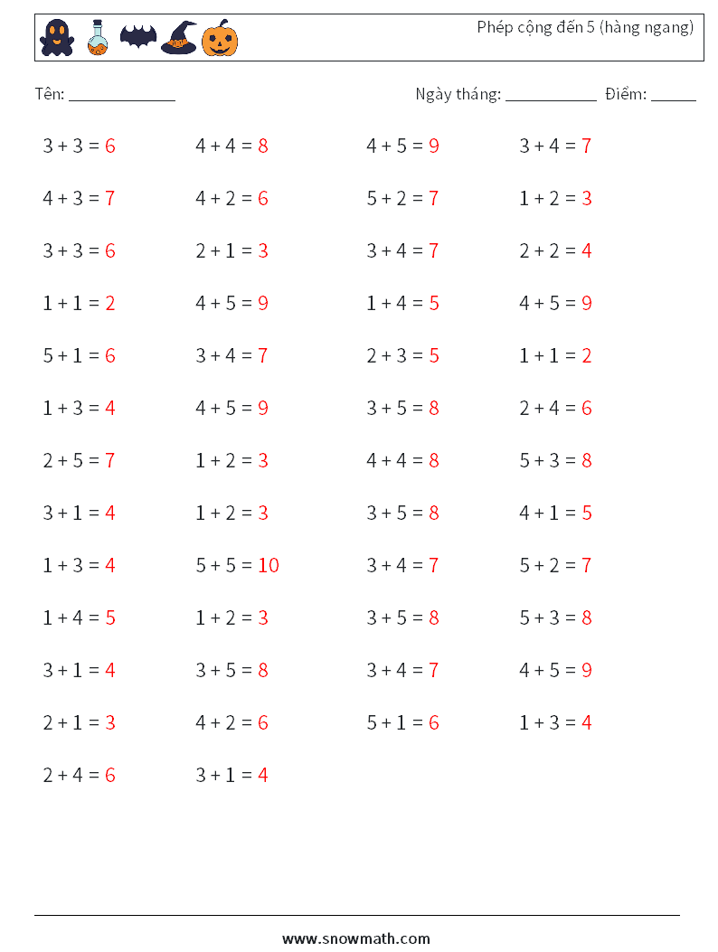 (50) Phép cộng đến 5 (hàng ngang) Bảng tính toán học 9 Câu hỏi, câu trả lời