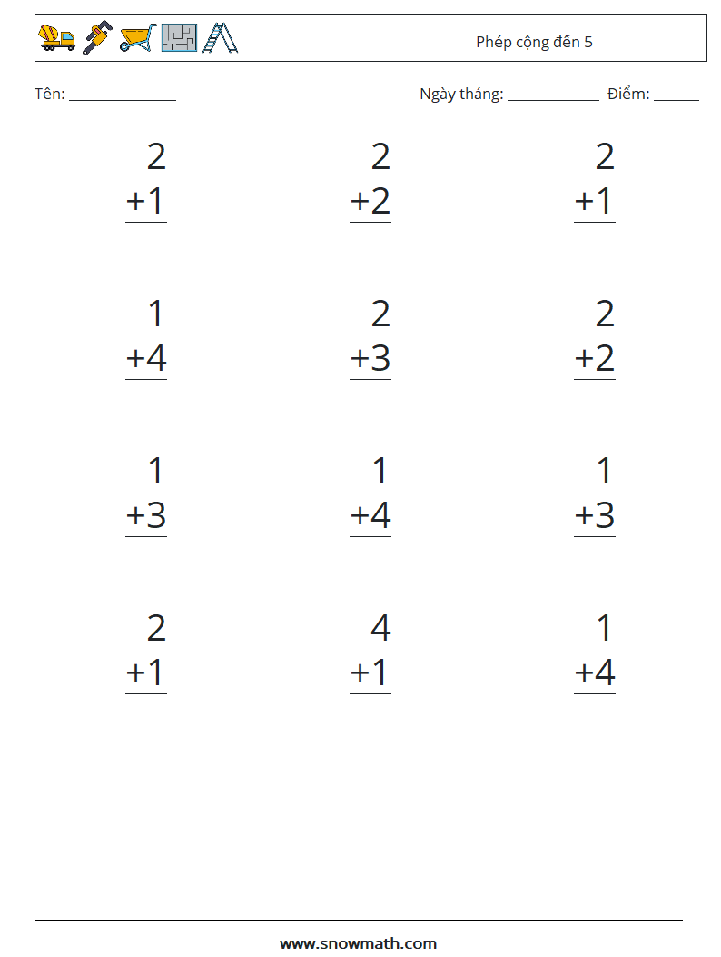 (12) Phép cộng đến 5 Bảng tính toán học 2