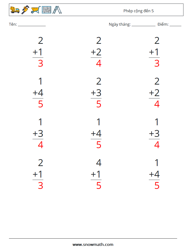 (12) Phép cộng đến 5 Bảng tính toán học 2 Câu hỏi, câu trả lời