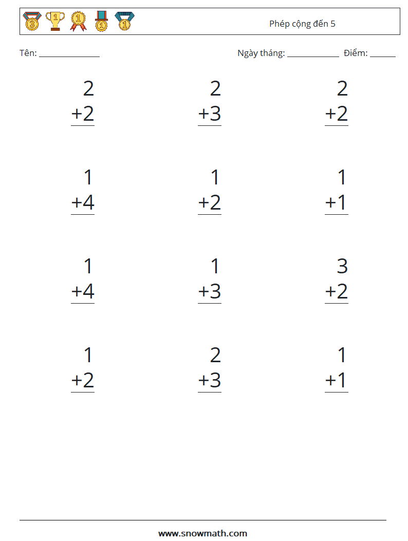 (12) Phép cộng đến 5 Bảng tính toán học 4
