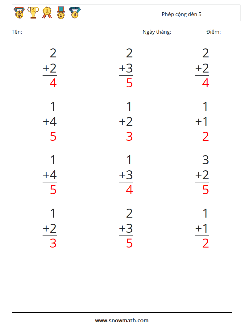 (12) Phép cộng đến 5 Bảng tính toán học 4 Câu hỏi, câu trả lời