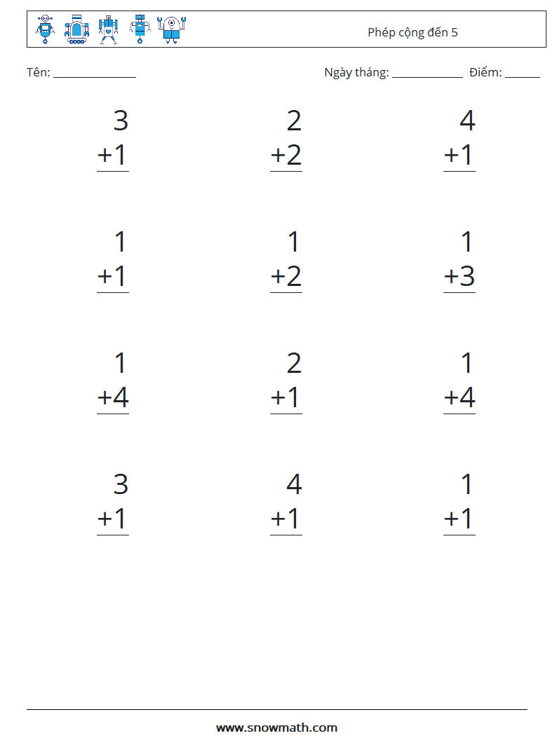 (12) Phép cộng đến 5 Bảng tính toán học 5
