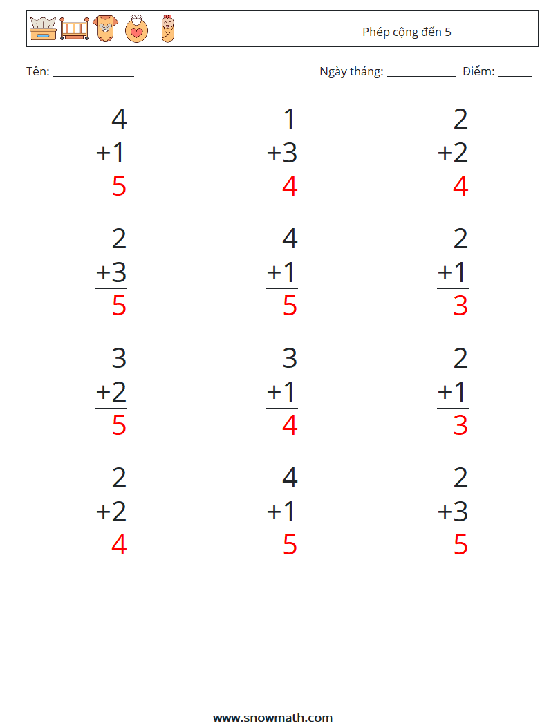 (12) Phép cộng đến 5 Bảng tính toán học 6 Câu hỏi, câu trả lời