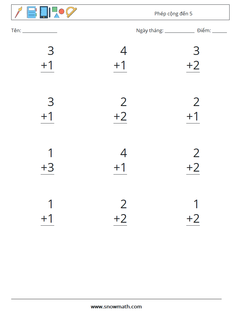 (12) Phép cộng đến 5 Bảng tính toán học 7