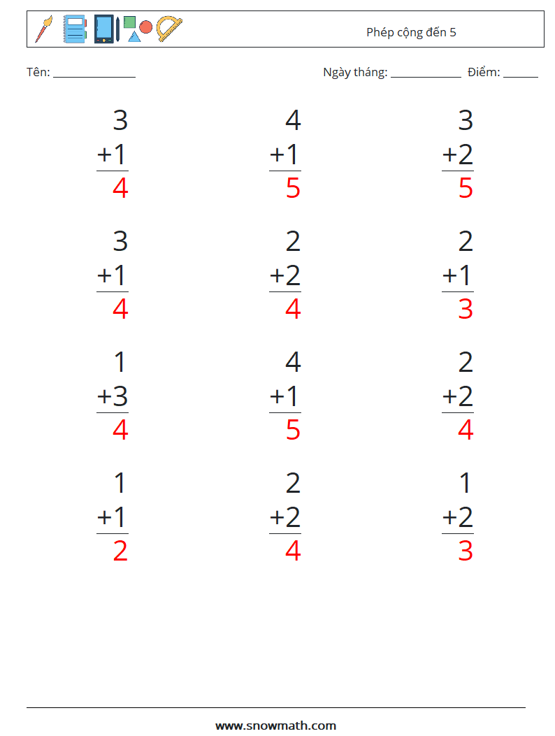 (12) Phép cộng đến 5 Bảng tính toán học 7 Câu hỏi, câu trả lời
