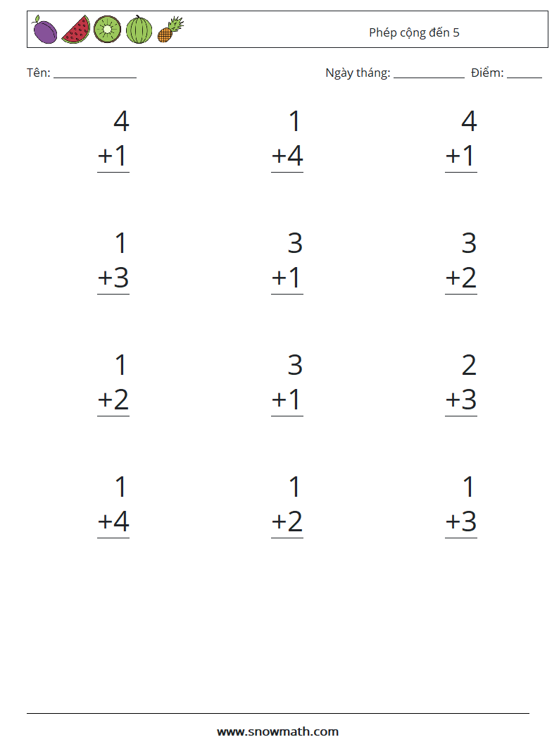 (12) Phép cộng đến 5 Bảng tính toán học 8