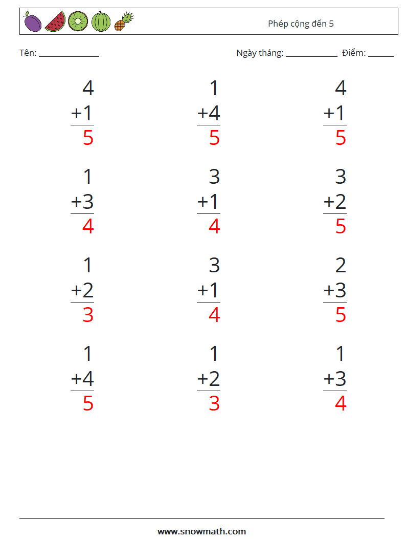 (12) Phép cộng đến 5 Bảng tính toán học 8 Câu hỏi, câu trả lời
