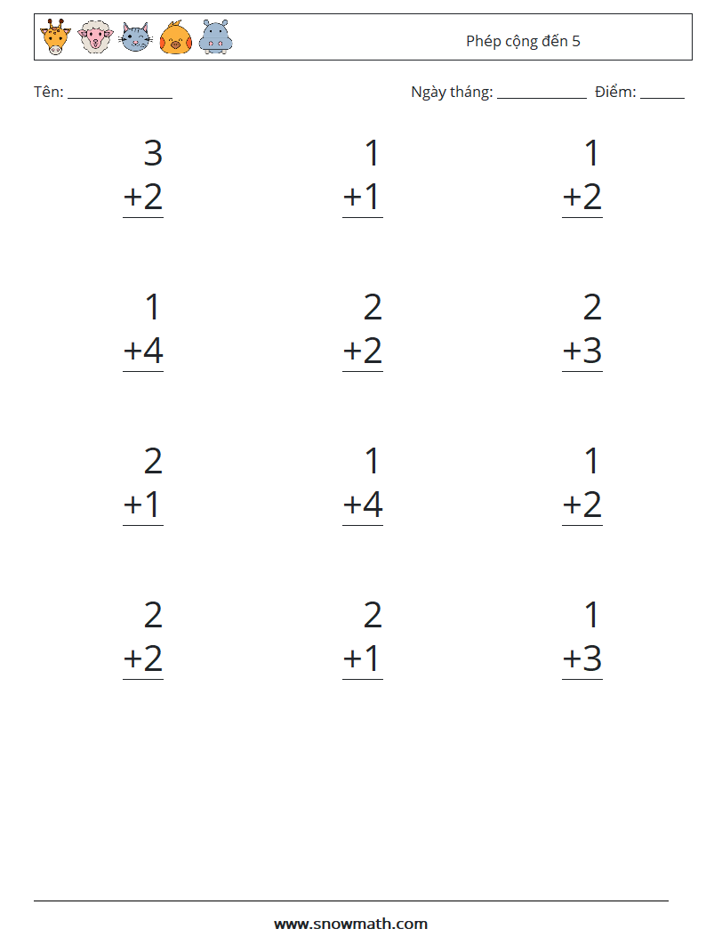 (12) Phép cộng đến 5 Bảng tính toán học 9