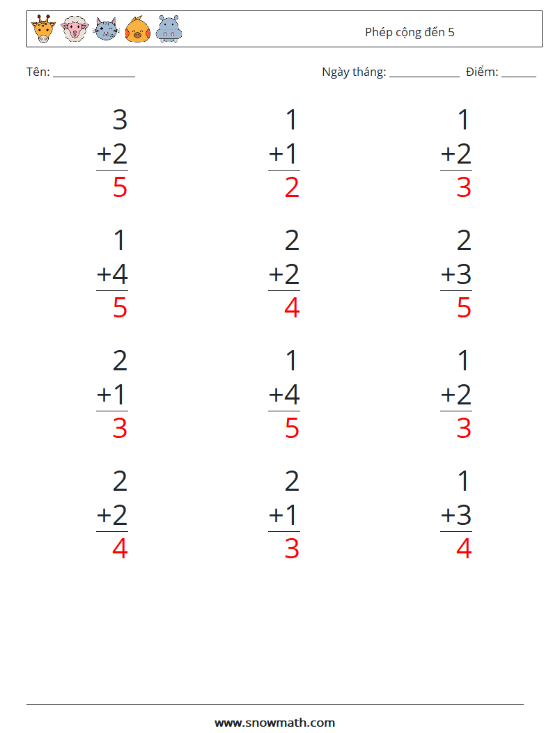 (12) Phép cộng đến 5 Bảng tính toán học 9 Câu hỏi, câu trả lời