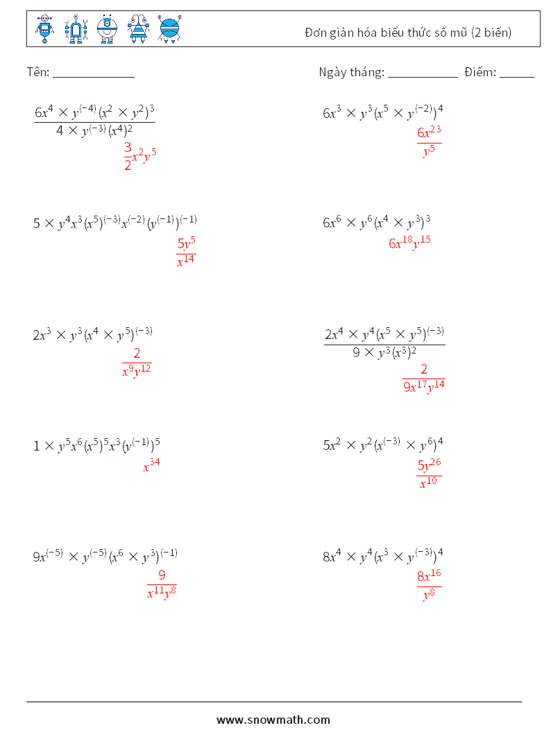  Đơn giản hóa biểu thức số mũ (2 biến) Bảng tính toán học 2 Câu hỏi, câu trả lời