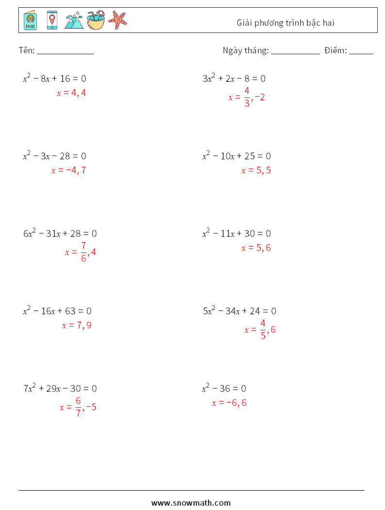 Giải phương trình bậc hai Bảng tính toán học 1 Câu hỏi, câu trả lời