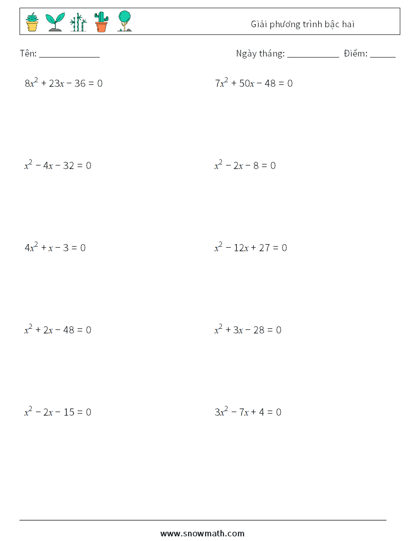 Giải phương trình bậc hai Bảng tính toán học 3