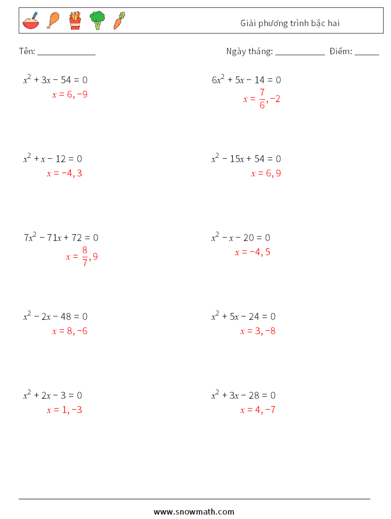 Giải phương trình bậc hai Bảng tính toán học 8 Câu hỏi, câu trả lời