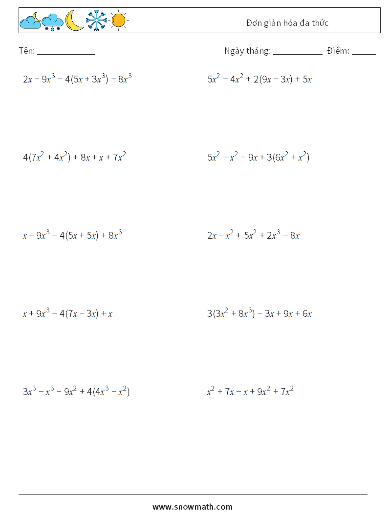 Đơn giản hóa đa thức Bảng tính toán học 7