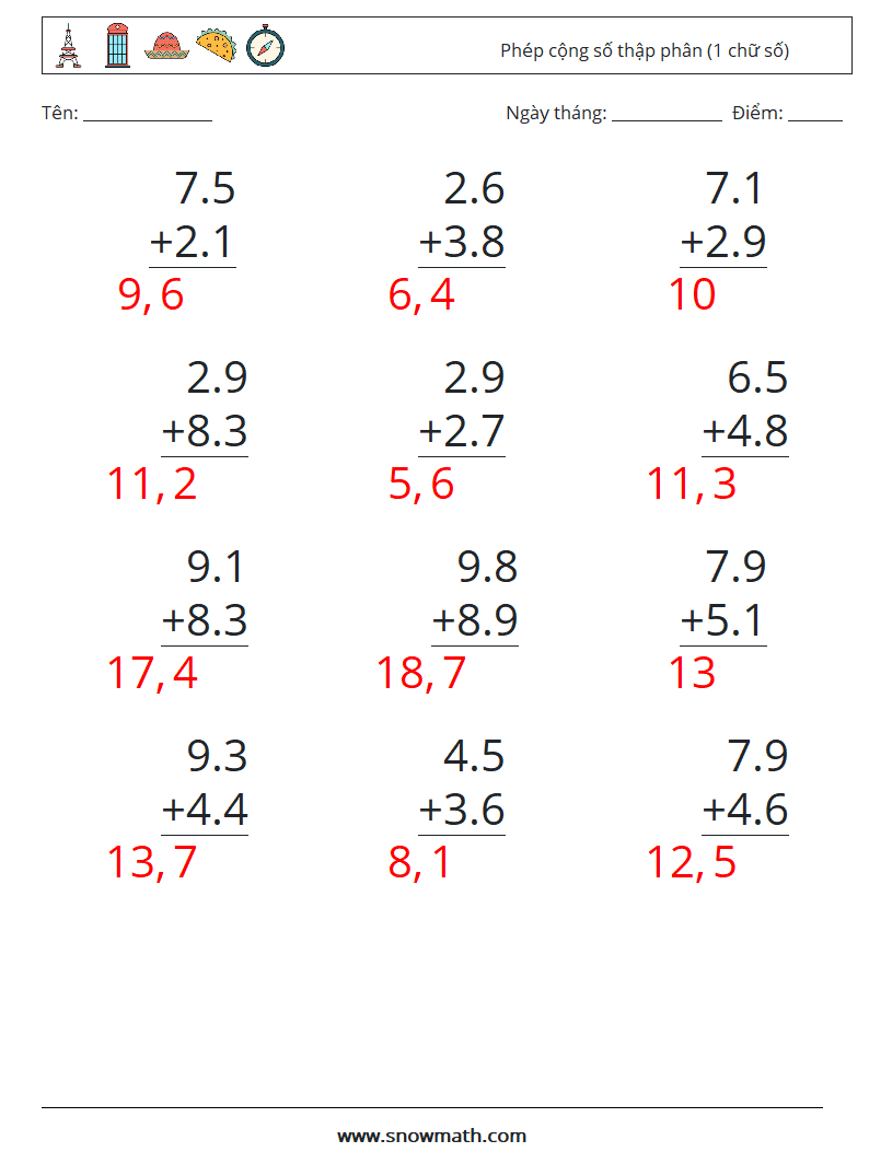 (12) Phép cộng số thập phân (1 chữ số) Bảng tính toán học 14 Câu hỏi, câu trả lời