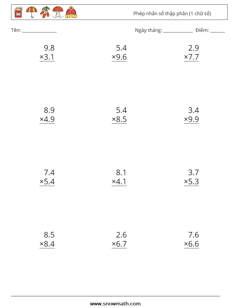 (12) Phép nhân số thập phân (1 chữ số) Bảng tính toán học 10