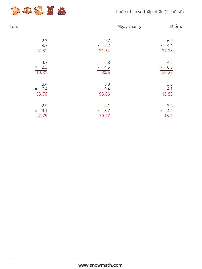 (12) Phép nhân số thập phân (1 chữ số) Bảng tính toán học 12 Câu hỏi, câu trả lời