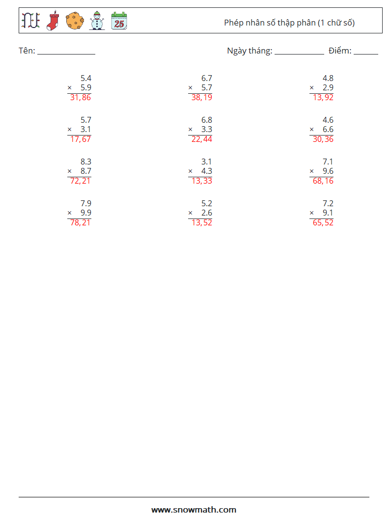 (12) Phép nhân số thập phân (1 chữ số) Bảng tính toán học 14 Câu hỏi, câu trả lời