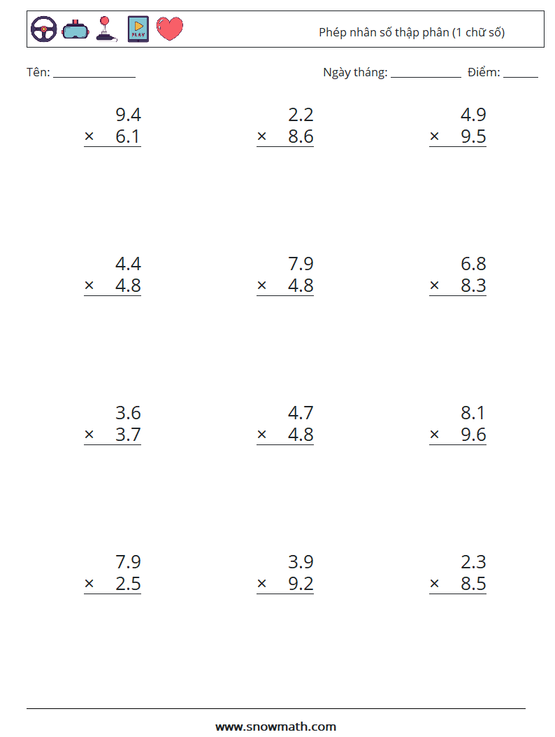 (12) Phép nhân số thập phân (1 chữ số) Bảng tính toán học 15
