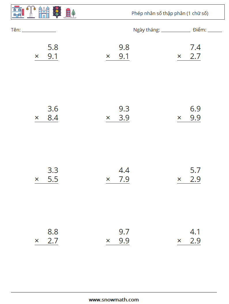 (12) Phép nhân số thập phân (1 chữ số) Bảng tính toán học 17