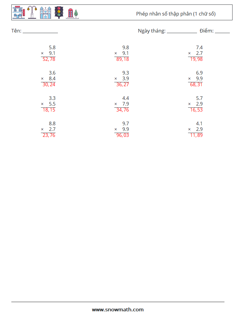 (12) Phép nhân số thập phân (1 chữ số) Bảng tính toán học 17 Câu hỏi, câu trả lời