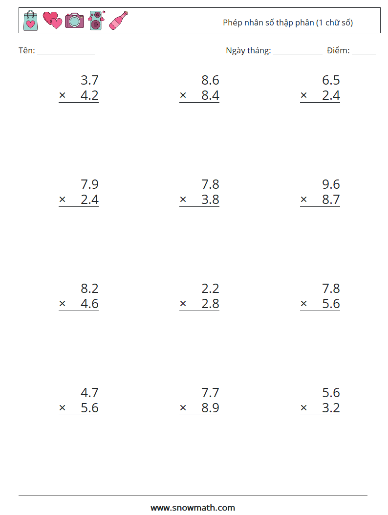 (12) Phép nhân số thập phân (1 chữ số) Bảng tính toán học 18