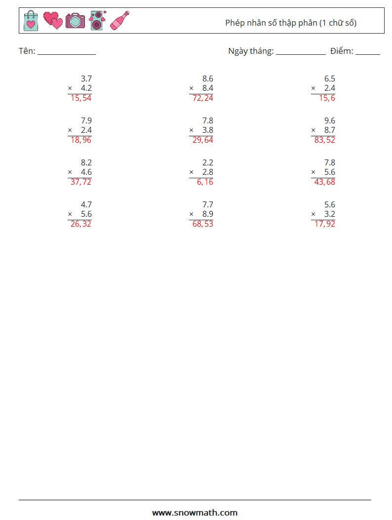 (12) Phép nhân số thập phân (1 chữ số) Bảng tính toán học 18 Câu hỏi, câu trả lời