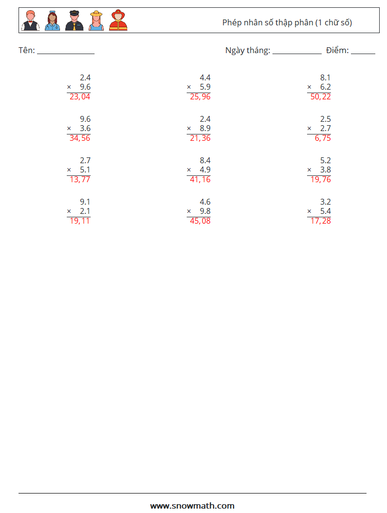 (12) Phép nhân số thập phân (1 chữ số) Bảng tính toán học 3 Câu hỏi, câu trả lời