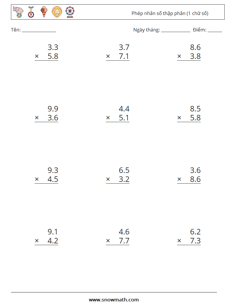 (12) Phép nhân số thập phân (1 chữ số) Bảng tính toán học 6