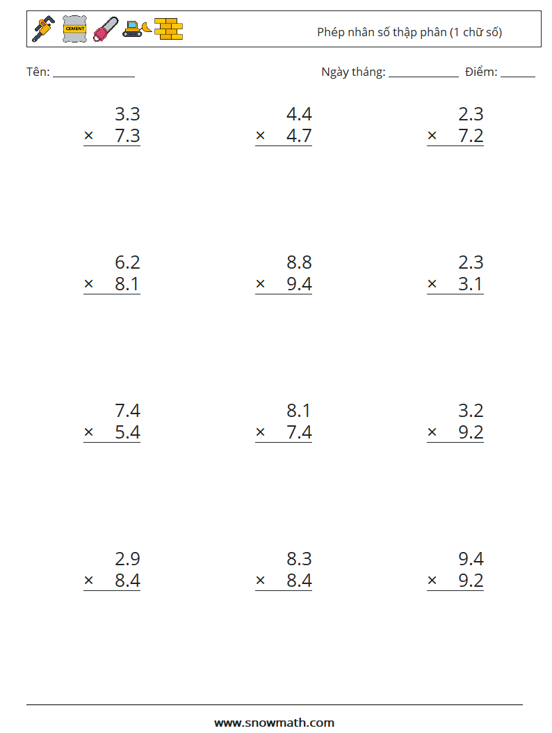 (12) Phép nhân số thập phân (1 chữ số) Bảng tính toán học 8