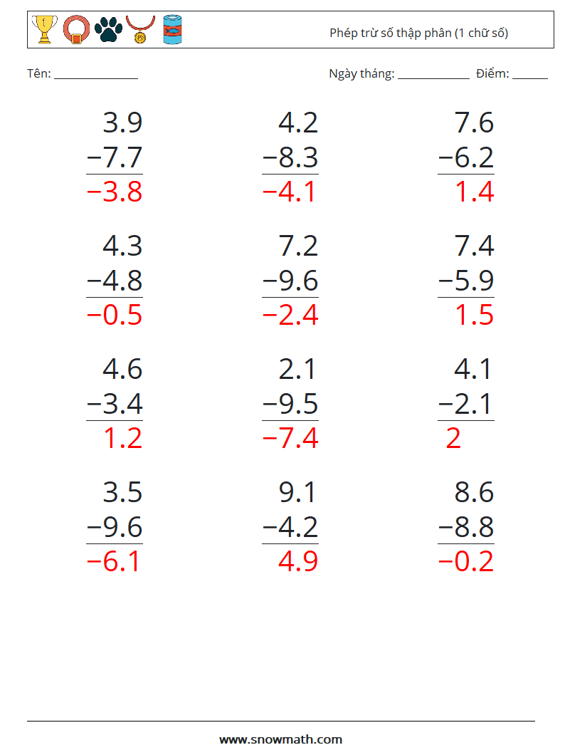 (12) Phép trừ số thập phân (1 chữ số) Bảng tính toán học 10 Câu hỏi, câu trả lời