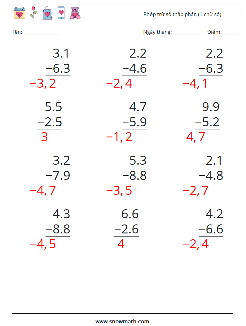 (12) Phép trừ số thập phân (1 chữ số) Bảng tính toán học 14 Câu hỏi, câu trả lời