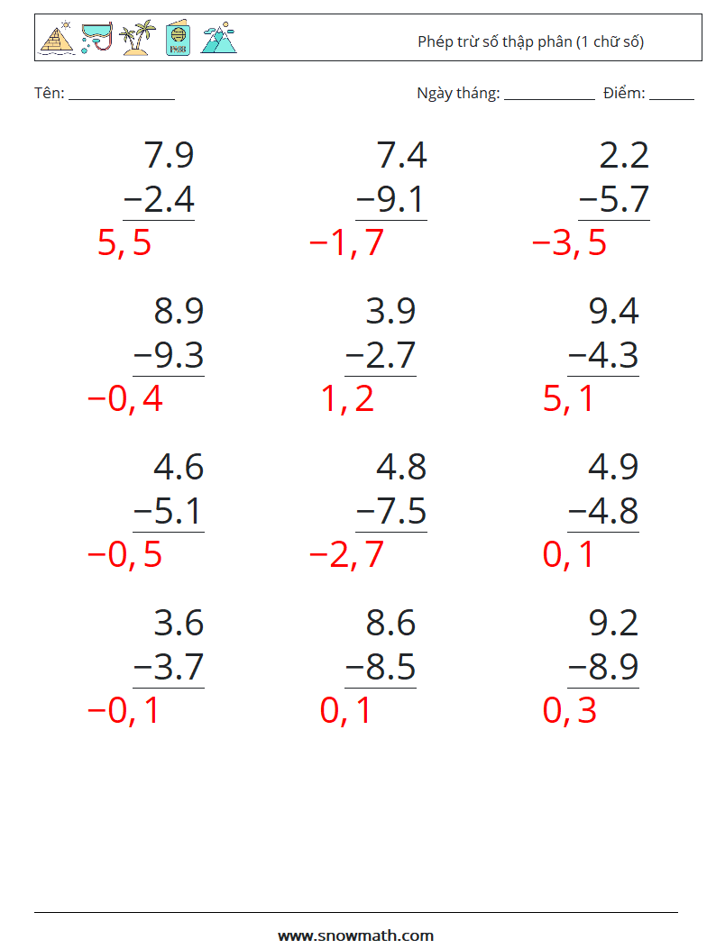 (12) Phép trừ số thập phân (1 chữ số) Bảng tính toán học 18 Câu hỏi, câu trả lời