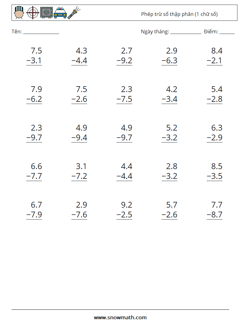 (25) Phép trừ số thập phân (1 chữ số) Bảng tính toán học 11